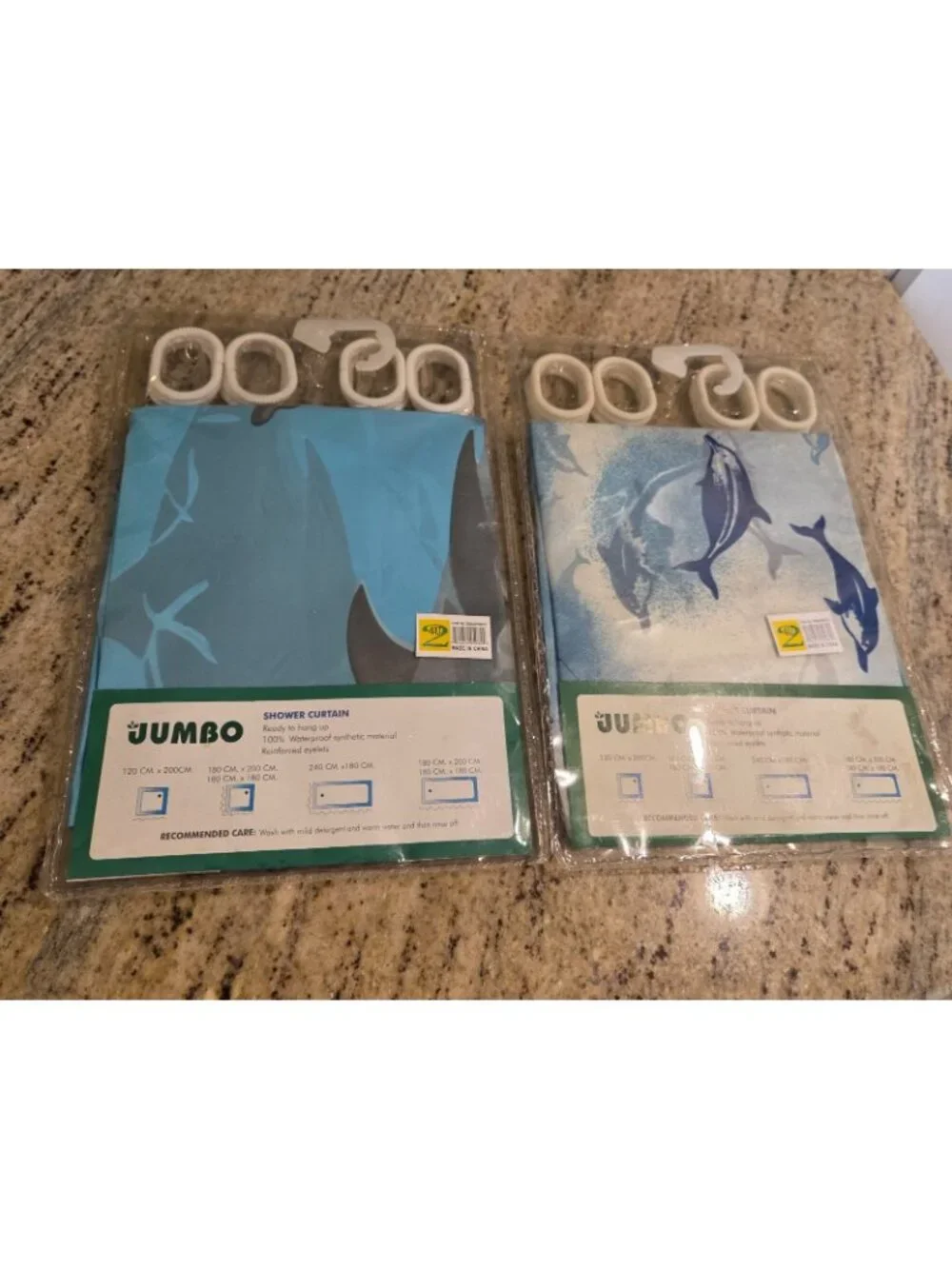 New! Lot of 2 Dolphin Shower Curtains w Hooks Blue Plastic Jumbo 72x72